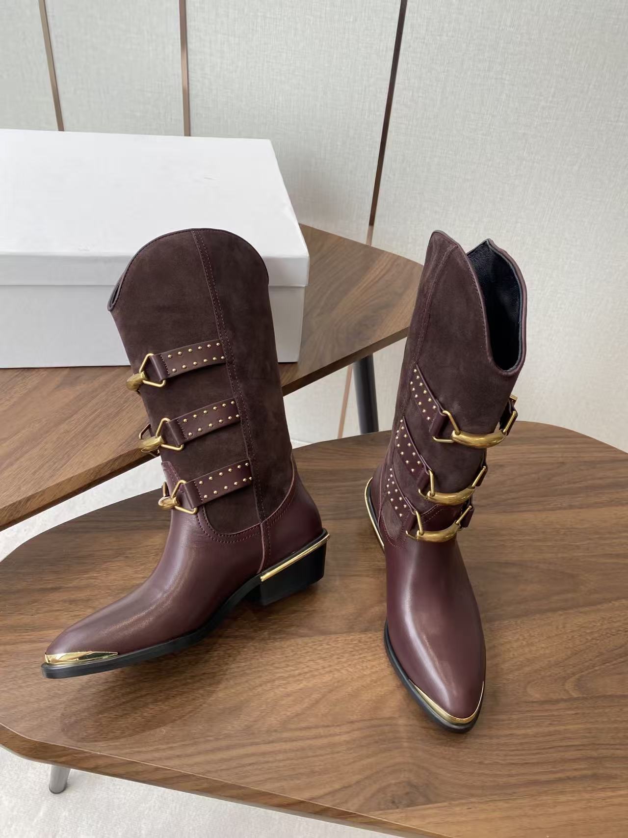 Isabel Marant Meixa Boots Santiag 30mm Burgundy Leather and Metal