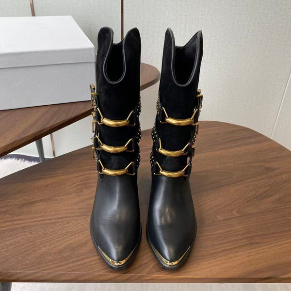 Isabel Marant Meixa Boots Santiag 30mm Black Leather and Metal