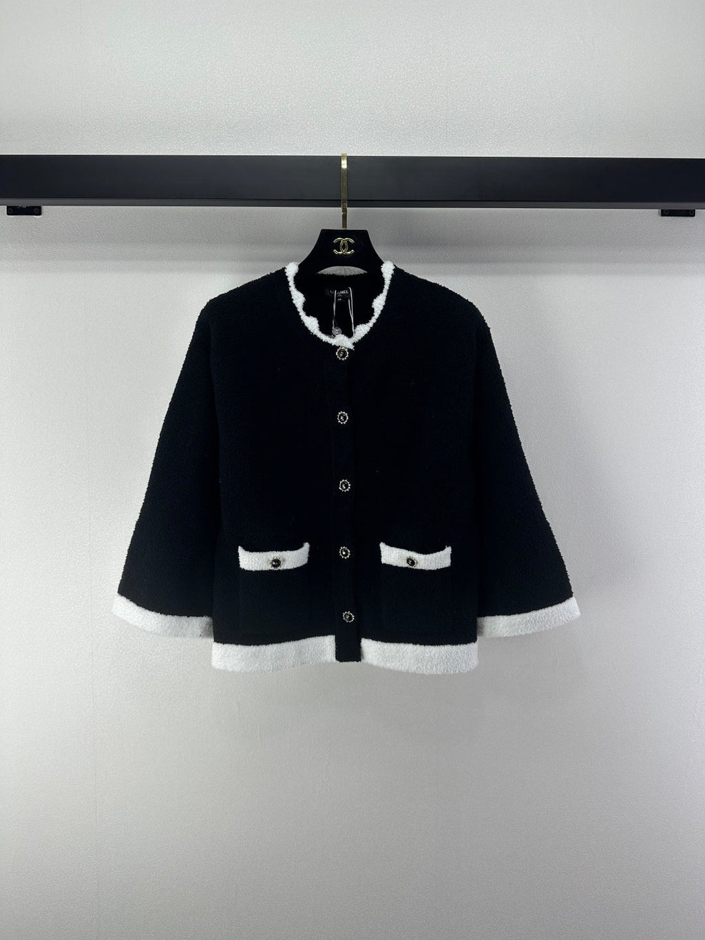 Chanel 2025 Round Neck Lace Cardigan Black White Wool 325690