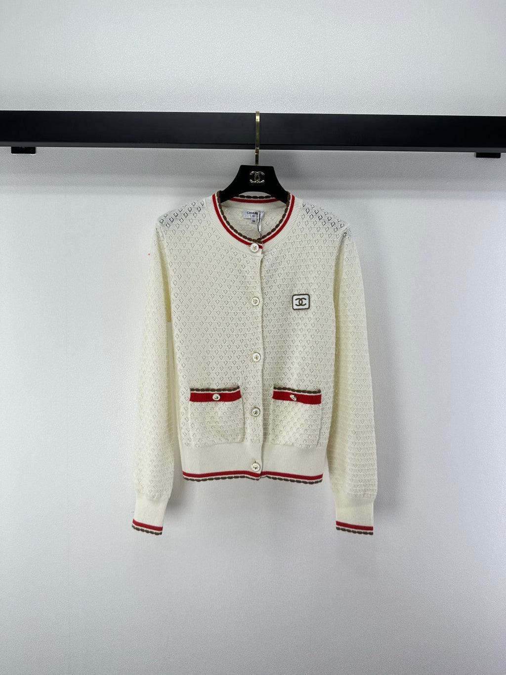 Chanel 2025 Long-sleeved Cardigan Cream and Black Cotton Cashmere 325737