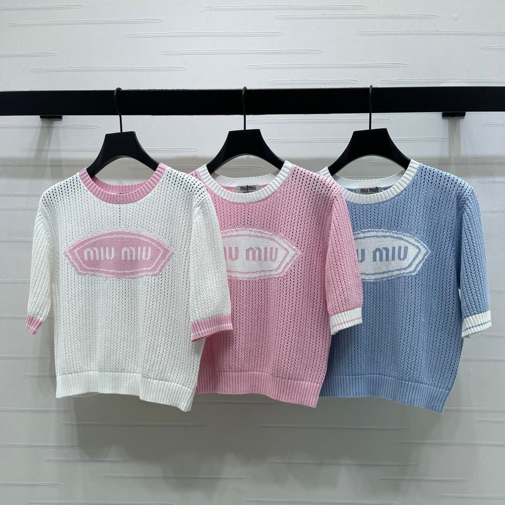 Miumiu 2026 Crew Neck Openwork Knit Short-sleeved Shirt Wool