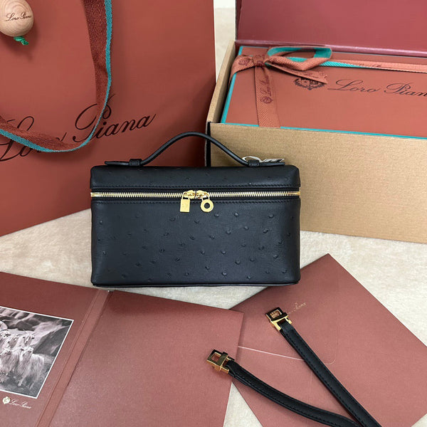 EXTRA POCKET L19 IN BLACK OSTRICH WITH GOLD HARDWARE