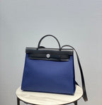 Herbag 31 Toile Blue Canvas Black Cowhide Leather