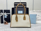 Prada Linen Medium Tote Bag Soft Grain Leather & Canvas