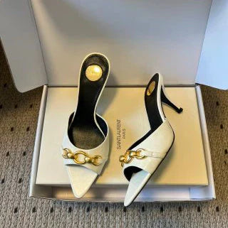YSL 26ss Pointed Toe High Heeled Mules 75 Sheepskin