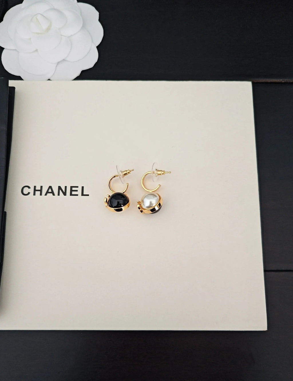 CC Double C Black White Ball Gold Earrings
