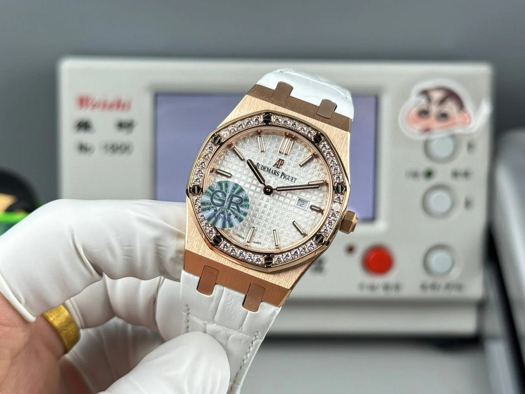 Audemars Piguet Royal 33mm Sliver Dial Diamond Bezel Crocodile Leather