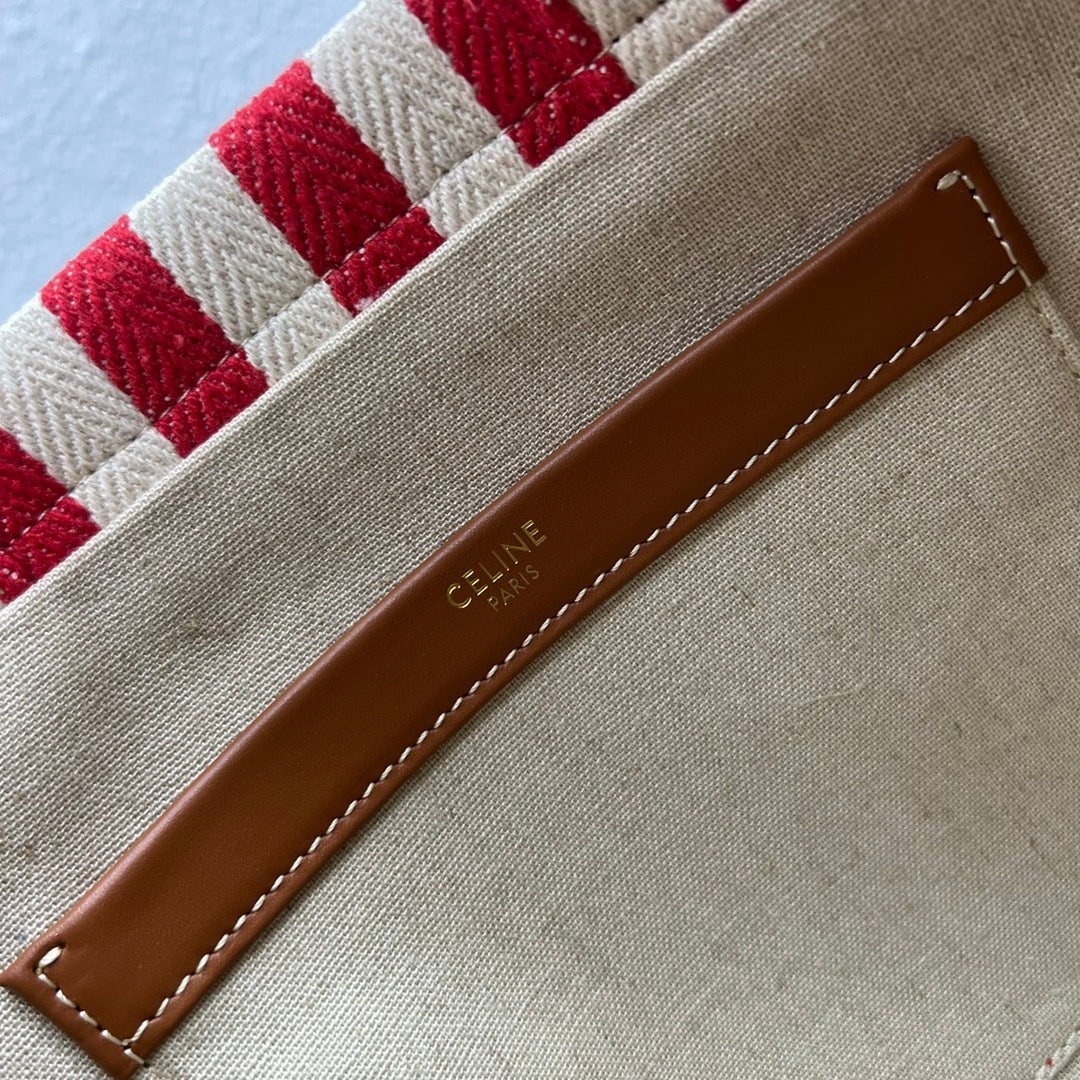 Celine 2026 Cabas Thais Striped Bag 29cm Red White Textile Calfskin 283595