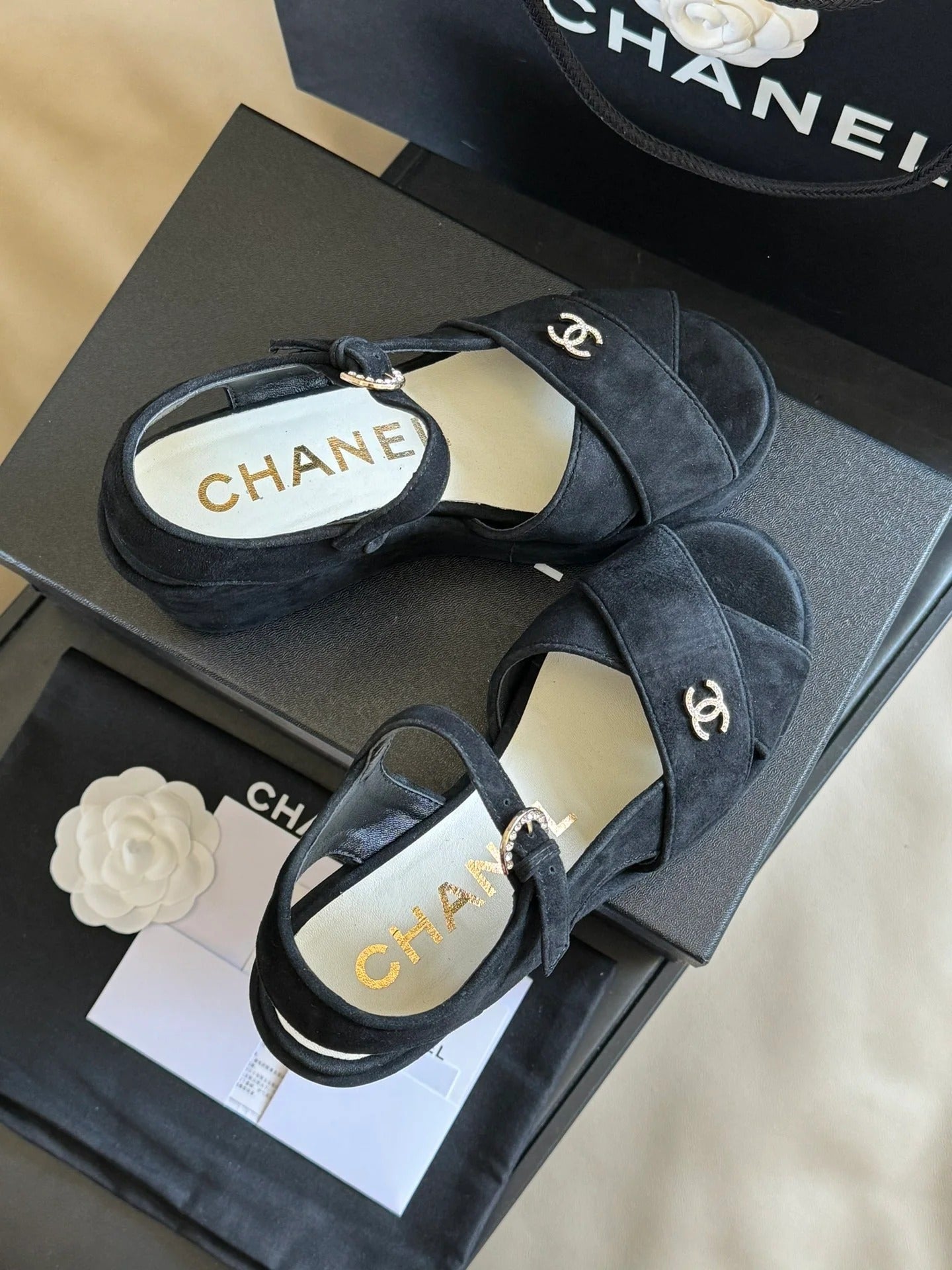Chanel 2026 Peep Toe Wedge Sandals Black Suede Calfskin