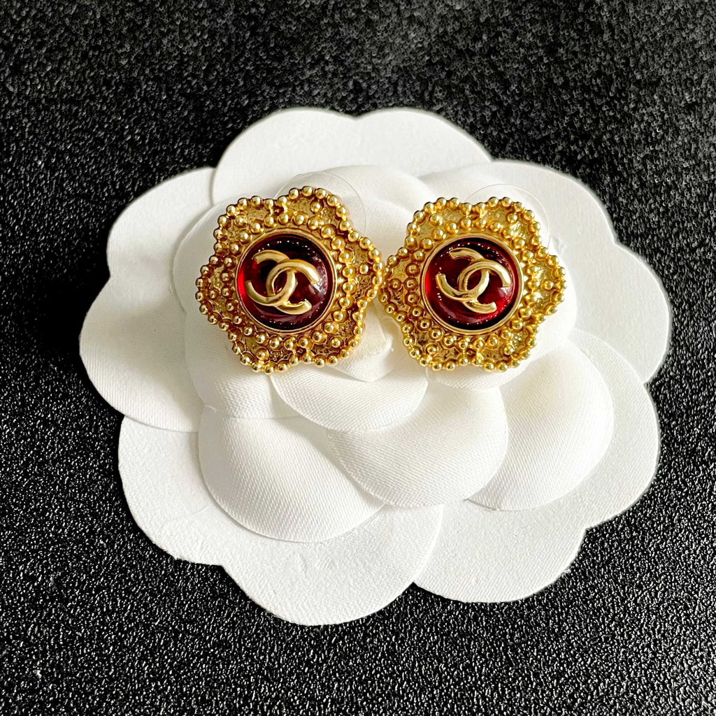 CC Flower Double C Red Gold Earrings