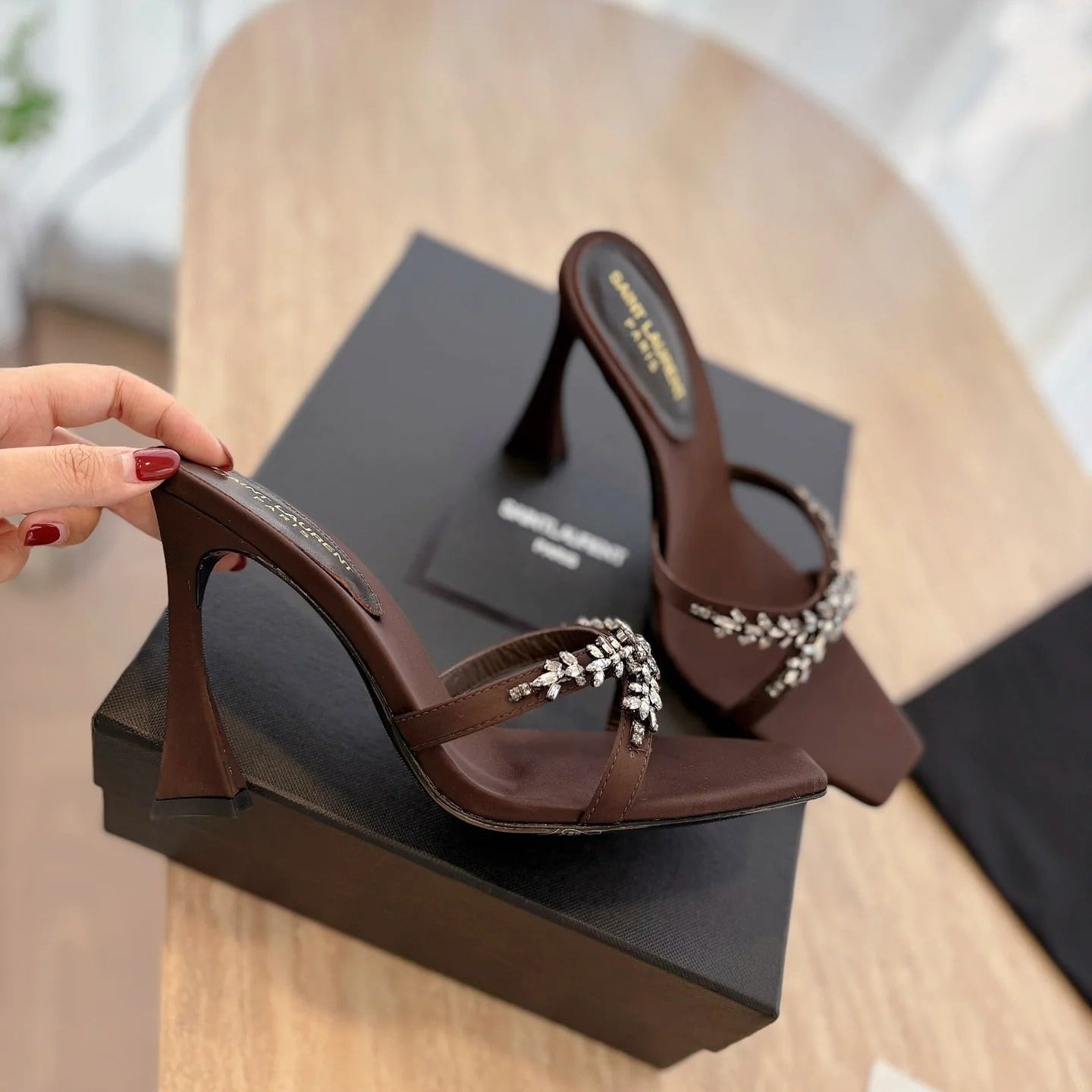 Saint Laurent 2025 Liz 110mm Sandal Brown Satin With Crystal Embellishments