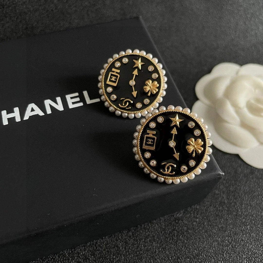 CC    Double C Clock Black Gold Earrings