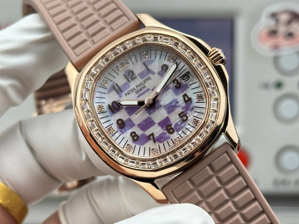 Patek Philippe Aquanaut 36mm Pink Gold Case Diamond Dial Nude Rubber Strap