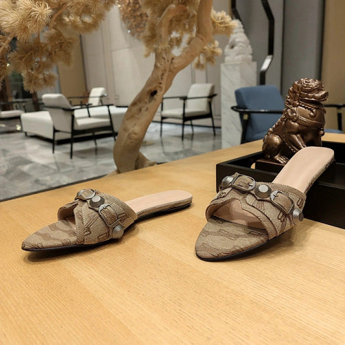 Balenciaga 26s Flat Slippers Light Brown Canvas Leather 681304
