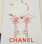 CC Double C Pink Olive Bead Flower Tassel Gold Earrings