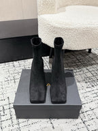 Alaia 2025 Square Toe High Heeled Ankle Boot Black Suede 558668