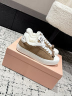 Miu 25 Small Bow Sneaker Coffee White Suede Wool 541921