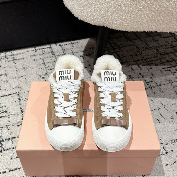 Miu 25 Small Bow Sneaker Coffee White Suede Wool 541921