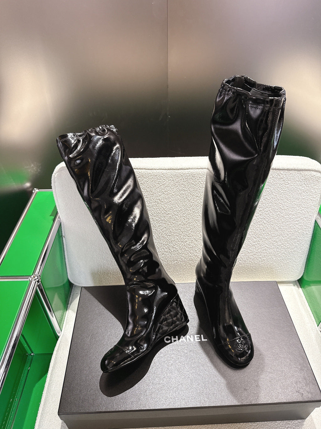 Chanel High-Top Boots Platform Heel 7cm Black Glossy Leather 507534
