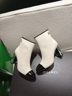 Chanel 2025𝐒𝐒 High Heeled Ankle Boots Cream and Black Glossy Leather 507546