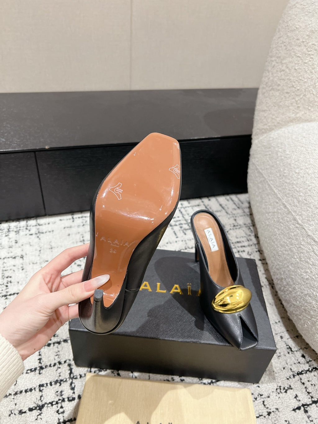 Alaia 25 Azzedine High Heels Mules With Gold Hardware Black Calfskin 293185