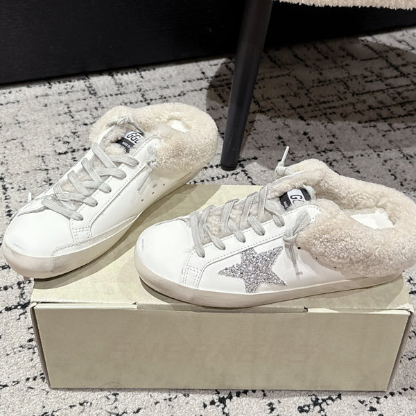 Golden Goose 2025 Star Sabot Shearling-lined Mule White Silver Cowhide Wool 500587