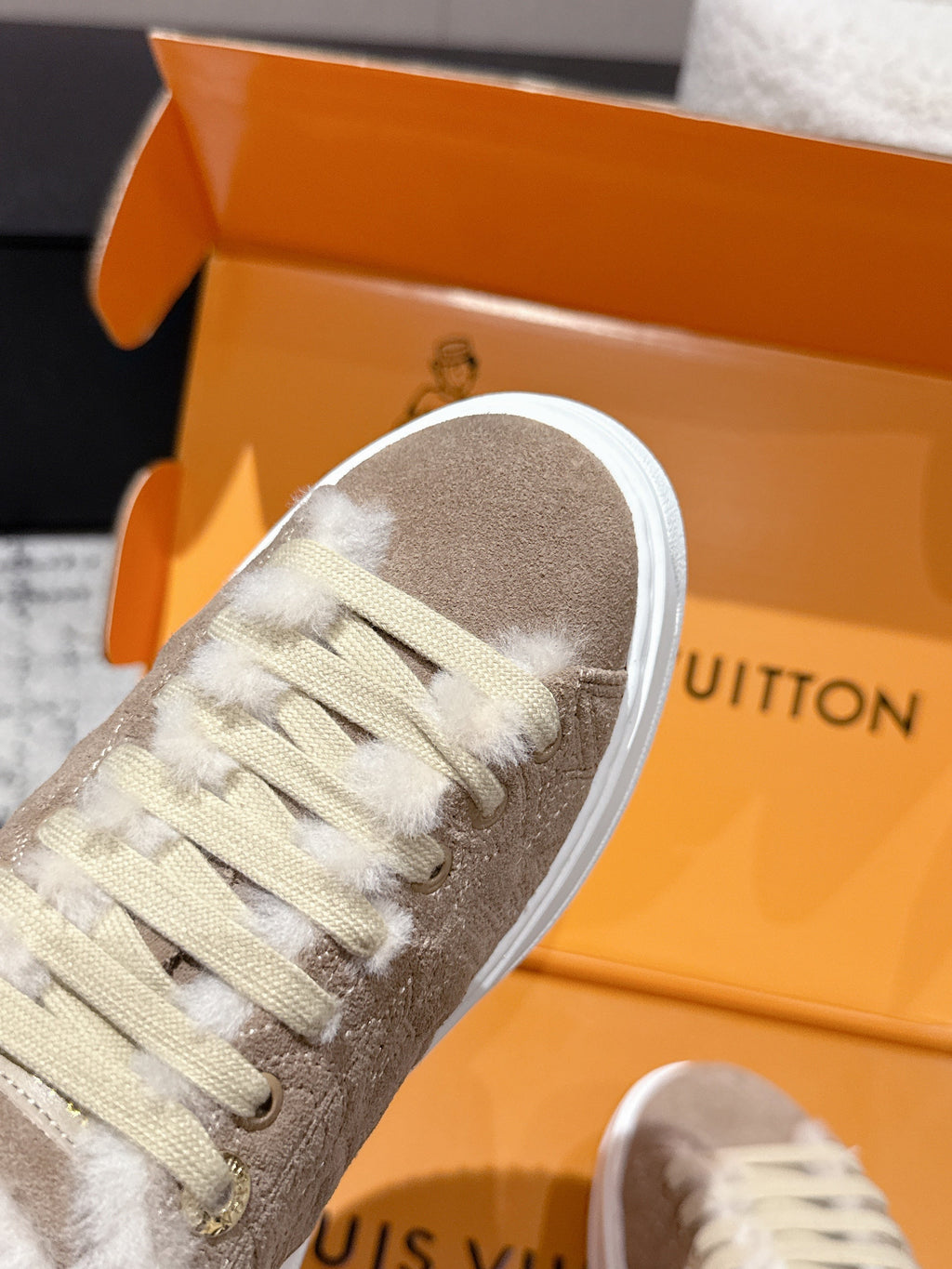 LV 2026 Time Out Sneaker Beige White Suede Wool 595291