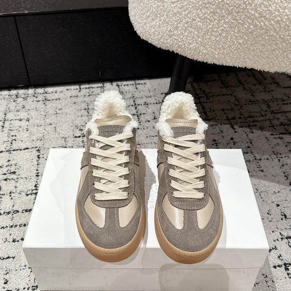 MM Platform German Training Shoes 50mm Warm Taupe Suede Sheepskin Fur 558417