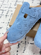LV Cosy Comfort Mules Blue Brown Monogram Suede 616983