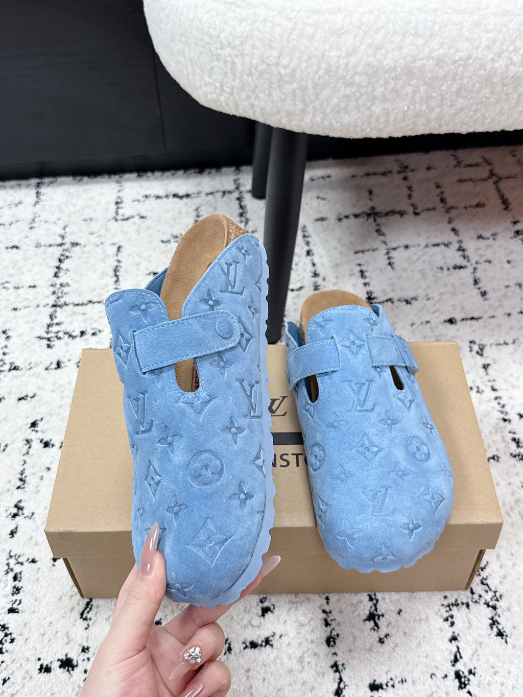 LV Cosy Comfort Mules Blue Brown Monogram Suede 616983