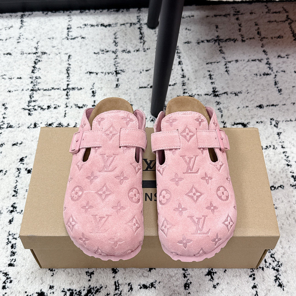 LV Cosy Comfort Mules Pink Brown Monogram Suede 616985