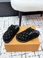 LV Cosy Comfort Mules Full Black Monogram Suede 616989