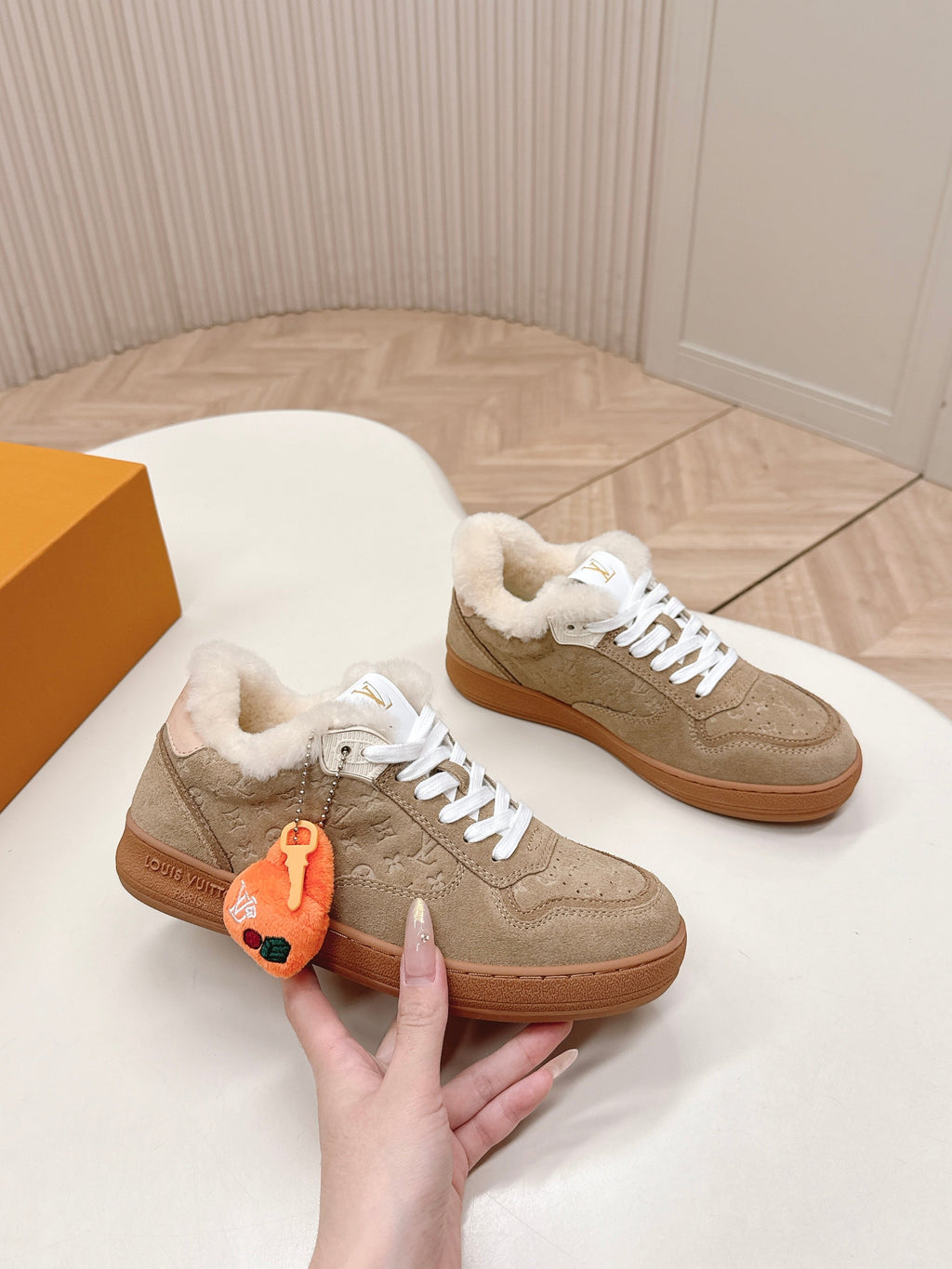 LV Stadium Sneaker White Brown Suede Wool 595425