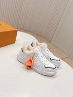 LV Stadium Sneaker White Brown Monogram Canvas Cowhide Wool 595426