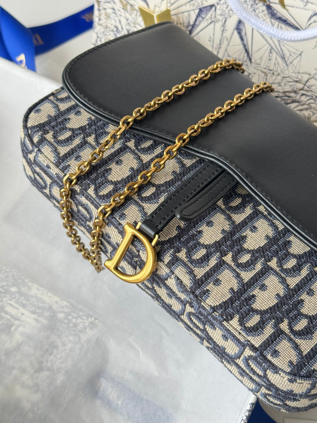 CD S5907CNKO Medium Saddle Pouch with Chain 21.5cm Blue Jacquard Cowhide GHW