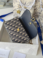 CD Medium Saddle Pouch with Chain 21.5cm Blue Jacquard Cowhide GHW
