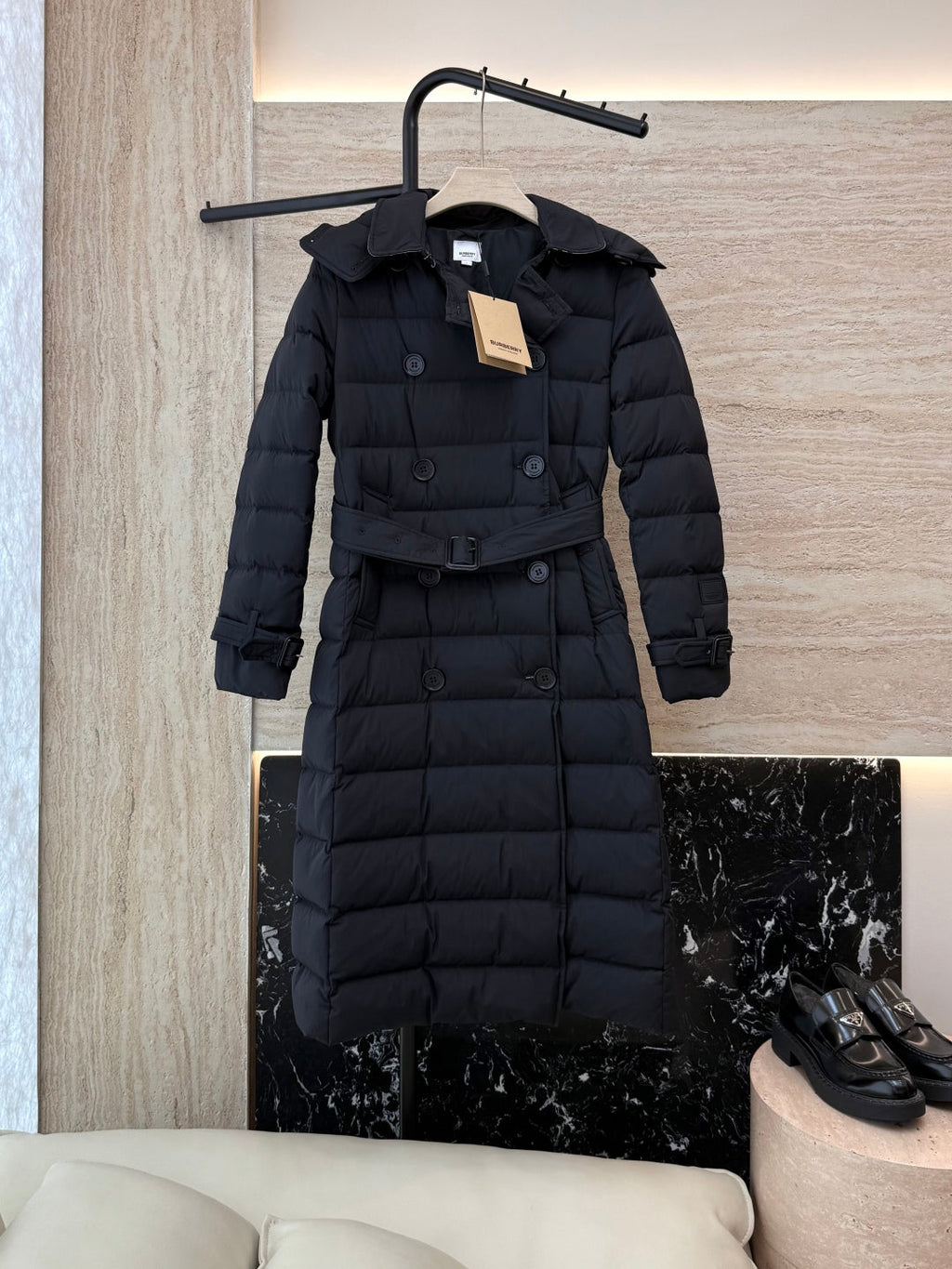 Burberry 25 Double-Breasted Slim Fit Long Down Jacket Black Polyester