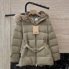 Burberry 25 Fur Collar Plaid Slim-fit Beige Jacket Polyester Down