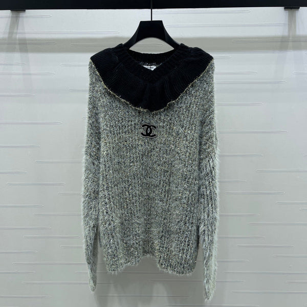 Chanel 2025 Ruffled Collar Shimmering Sweater Gray Black Polyester Wool 319566