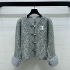 Chanel 2025 Fur-sleeved Crew Neck Cardigan Gray Polyester Wool 319595