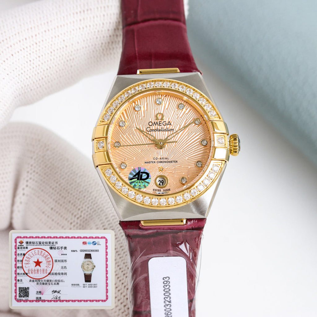 Omega Constellation 29mm Diamond Bezel Diamond Numerals Crocodile Leather