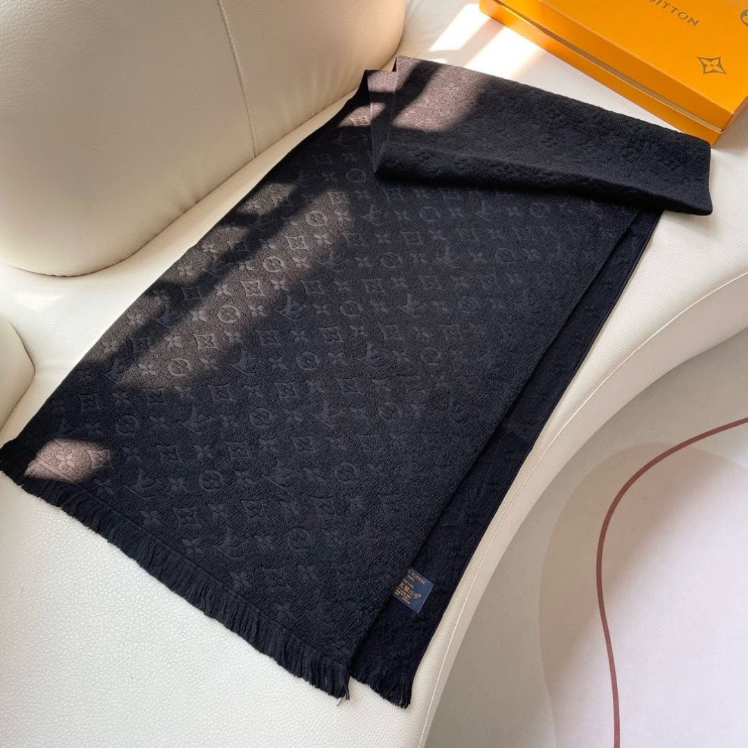 LV Men Scarf 180cm Black Wool 967168