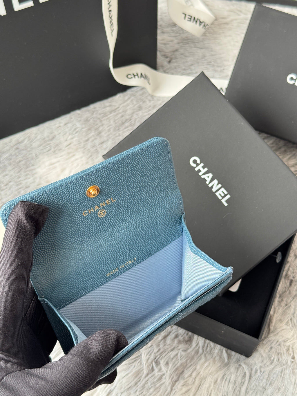 CC Boy Flap Card Holder Muted Teal Gold-tone Grained Calfskin 242854