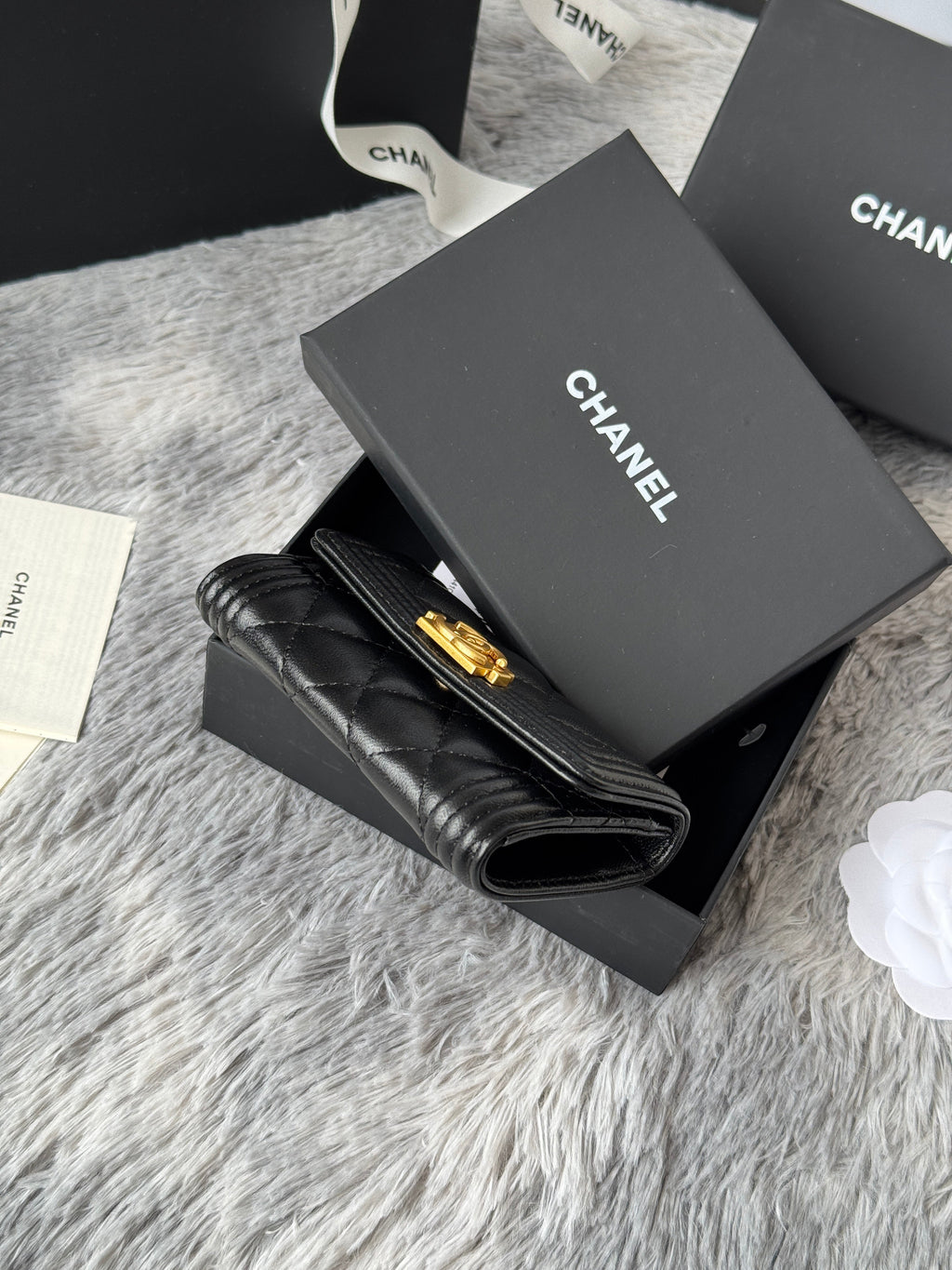 CC Boy Flap Card Holder Black Gold-tone Lambskin 242862