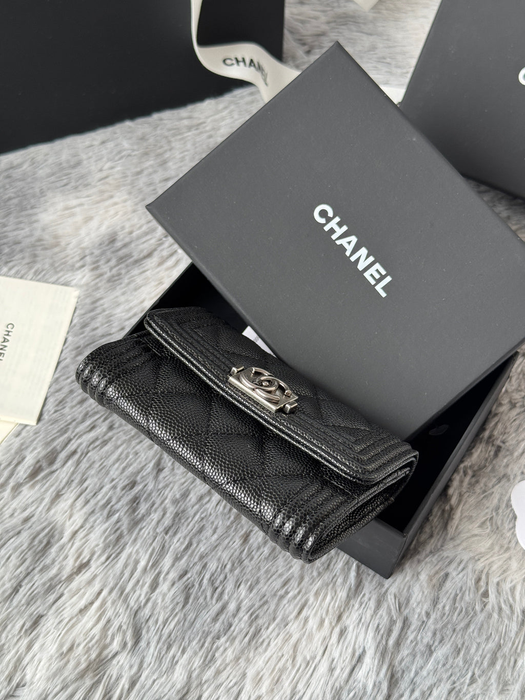 CC Boy Flap Card Holder Black Sliver-tone Grained Calfskin 242888
