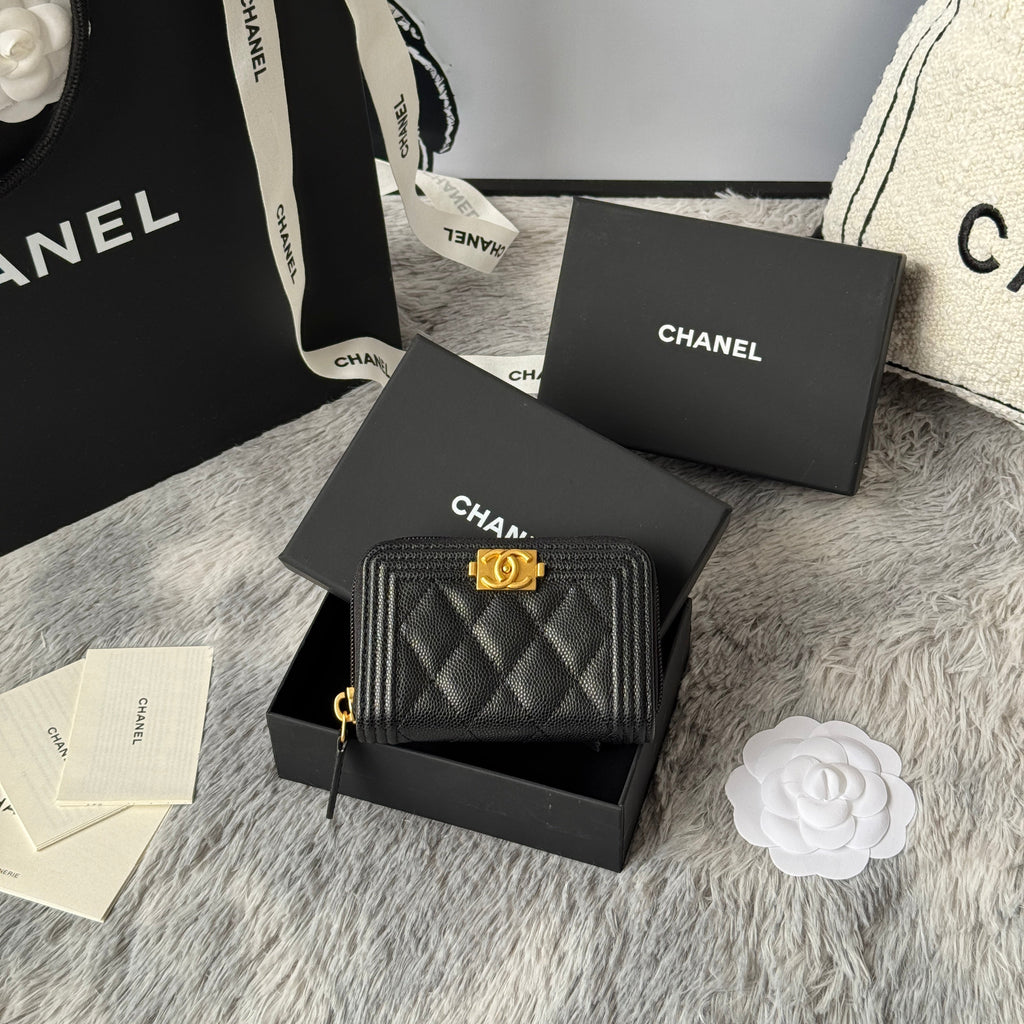 CC Classic Boy Coin Purse Black Gold-tone Grained Calfskin 242882