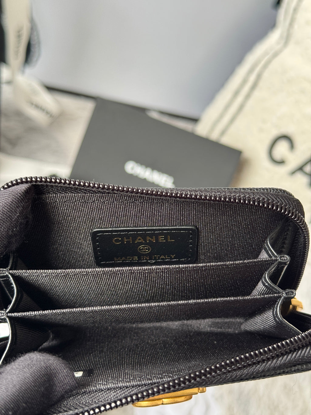 CC Classic Boy Coin Purse Black Gold-tone Grained Calfskin 242882