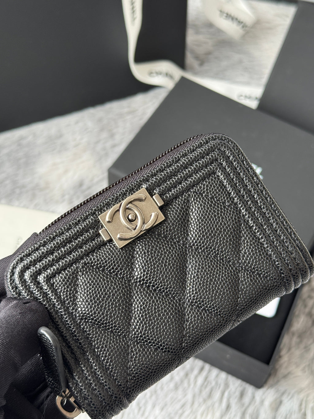 CC Classic Boy Coin Purse Black Sliver-tone Grained Calfskin 242886