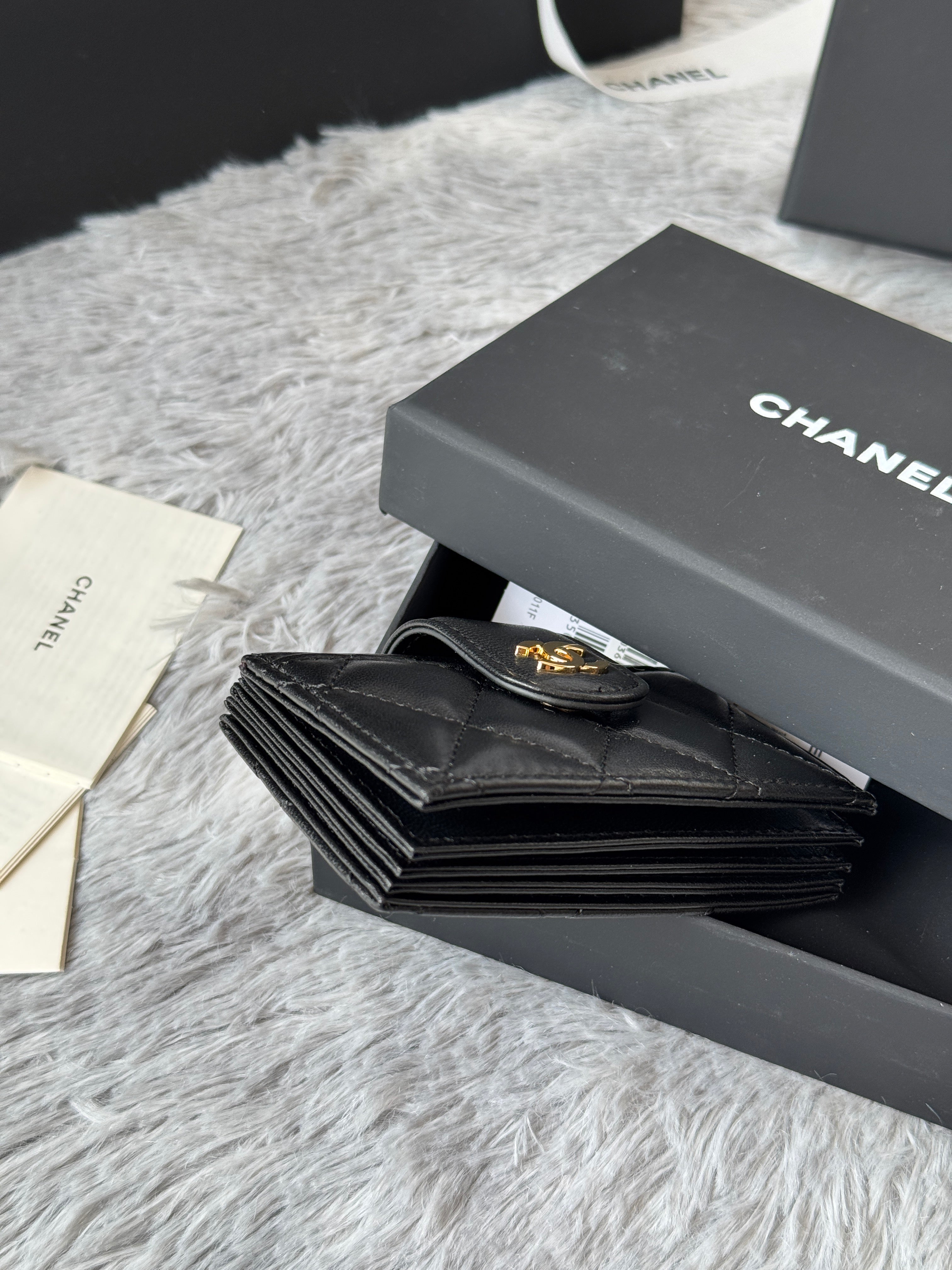 CC Accordion Card Holder Black Gold-tone Metal Lamskin 242644