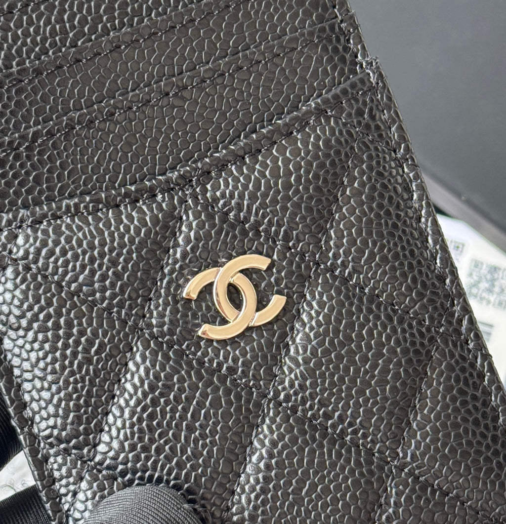 CC Carld Holder Black Golden- tone Metal Grain Calfskin 242680